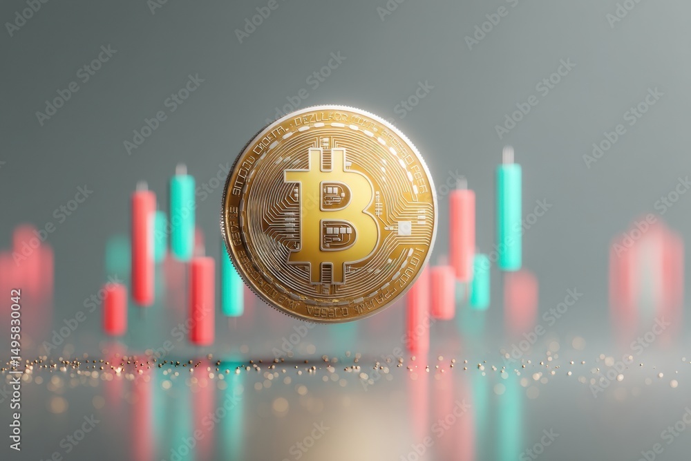 Poster futuristic cryptocurrency visualization holographic bitcoin emblem with dynamic trading volatility i