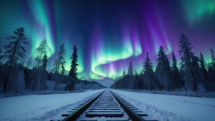 Breathtaking aurora borealis spanning a trail in a snowy landscape.
