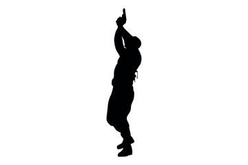 Silhouette of a man in tactical gear aiming a handgun upwards in a dramatic pose