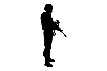 Silhouette of a soldier in full gear holding a rifle standing alert against a white background