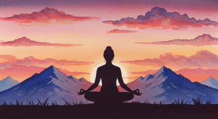 Fototapeta premium Silhouette person meditating sunrise landscape