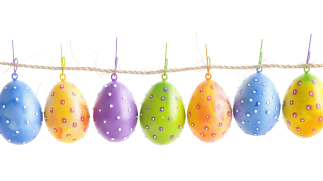 Colorful Easter eggs hanging on a string, showcasing vibrant designs in a festive setting