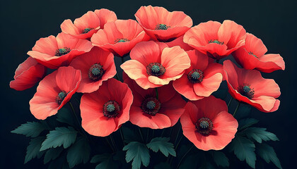 Lush bouquet of vibrant, coral-hued poppy flowers with dark green leaves, arranged on a dark, blurred background