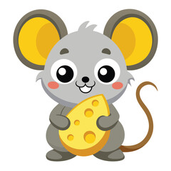 A small, light-colored mouse with large ears holds onto a large, holey piece of yellow cheese with white background