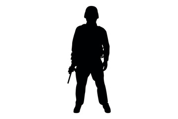 Silhouette of a soldier in full gear holding a rifle standing ready against a white background