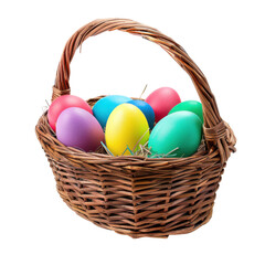 A colorful basket filled with decorated Easter eggs, set against a clean background