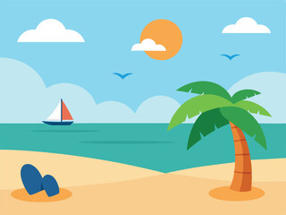 Summer Vacation Scene with Palm Tree Sailboat and Sandy Beach