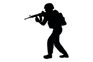 Fototapeta premium Silhouette of a soldier in uniform holding a rifle and wearing a backpack in a combat stance