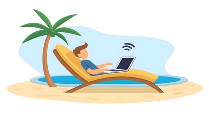 Fototapeta premium Embrace the freedom of remote work and relaxation. A professional takes work on the tropical beach under the tree. with the sea as the background.