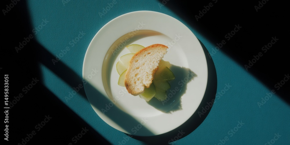 Poster minimalist food styling avant-garde culinary composition with bread slice, soft lighting, and moody 