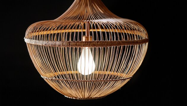 lampara de techo boho de ratan con diseno entrelazado en capas con una estructura circular y patrones abiertos que permiten una luz suave y natural aislado sobre fondo transparente