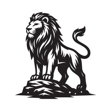 A bold, stylized black and white illustration of a lion standing on a rock vector on an isolated background