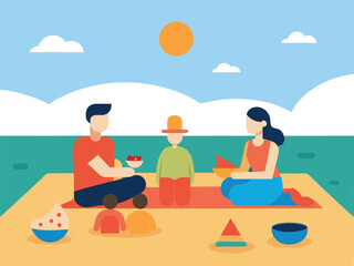 Obraz premium Happy Family Enjoying a Beach Picnic with Their Children