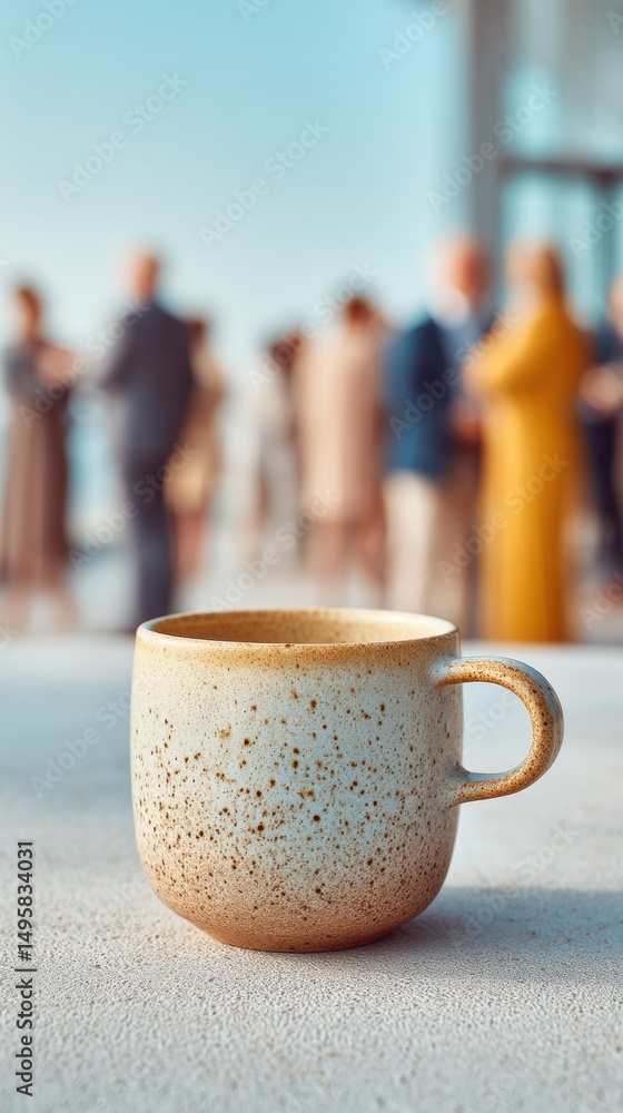 Aufkleber Crafted Connection Artisan Ceramic Mingle Mug in Soft-Focus Professional Networking Space - Collaborative Workspace Wellness and Modern Interaction Metaphor