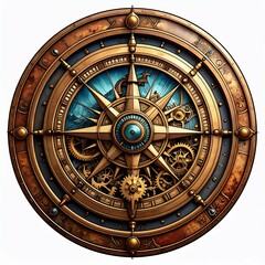 Naklejka premium Steampunk Compass Rose with Dragon and Gears