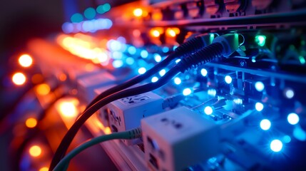 A close-up shot showcases the intricate network of server equipment, revealing the heart of modern data centers. capturing the network hub's detailed connectivity, bright blue and orange lights.