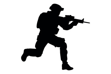Silhouette of a soldier in tactical gear running and aiming a rifle on a white background