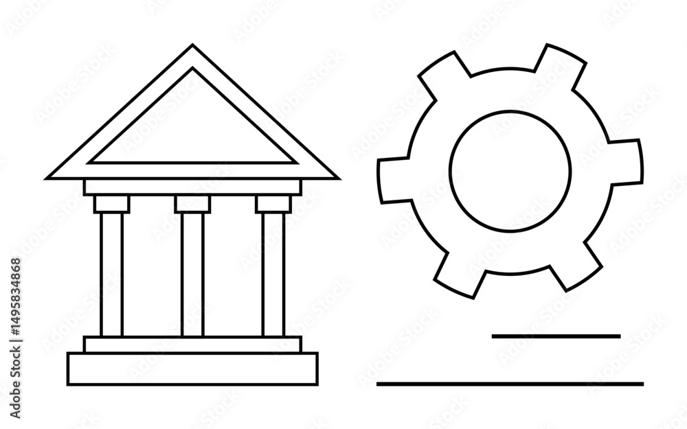 Poster classical building with columns symbolizing governance next to a gear representing operation and mec