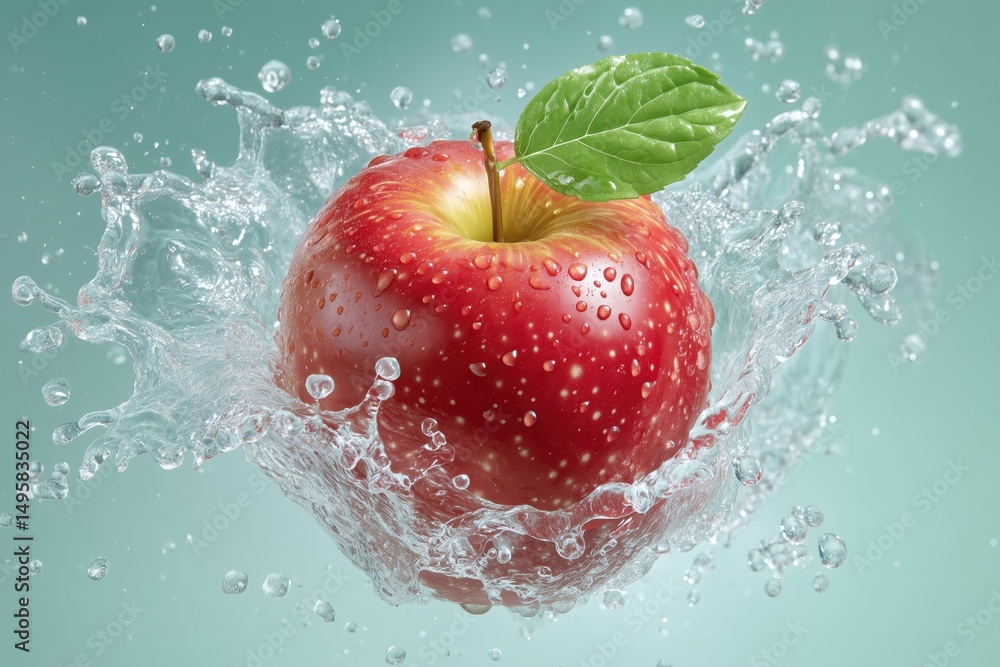 Poster red apple splashes into clear water creating vibrant droplets in a freeze frame. mint background add