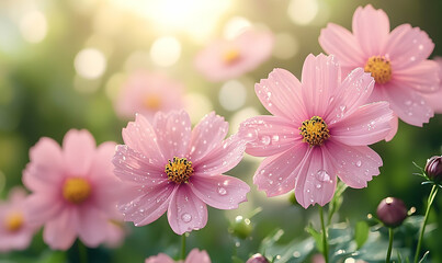 Fototapeta premium Gentle pink cosmos flowers sparkle with dewdrops against a soft, blurred, sunny green backdrop