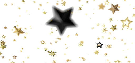 Abstract background with a single black star falling among many golden stars on a white background.