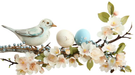Charming spring scene featuring a bird with eggs on a floral branch, symbolizing renewal