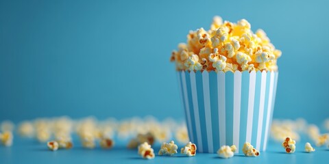 Freshly popped popcorn fills a striped container against a bright blue background creating a playful and inviting atmosphere
