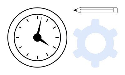 Analog clock, pencil, and gear represent productivity, time management, creativity, and processes. Ideal for planning, scheduling efficiency design organization workflow. Flat simple metaphor