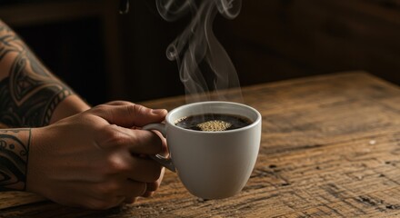 Steaming Cup of Coffee Held by Tattooed Hands on Wooden Table, Photo