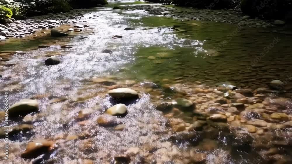 Poster clear stream flows over smooth rocks, creating a tranquil scene in a lush green forest with dappled 