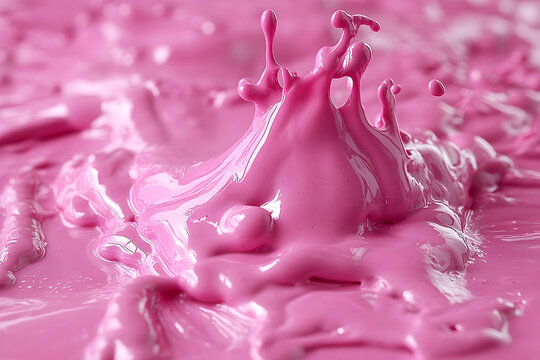 Pink liquid erupts into dynamic splash, forming intricate shapes and abstract patterns against a blurred backdrop