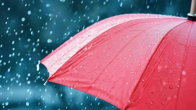 A close-up of a red umbrella under falling rain, symbolizing protection and resilience in adverse weather conditions.