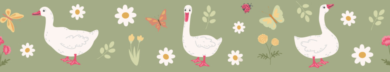 Hand-drawn geese, flowers, and butterflies on olive green background. Farm life, springtime and summertime mood. Horizontal seamless banner for kids, textiles, or web design.