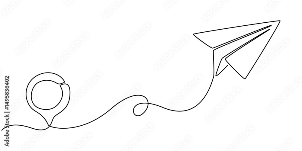 Poster continuous one line drawing pointing location at map and paper plane, paper plane line continuous dr