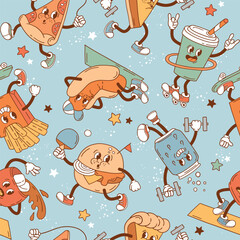 Seamless vector pattern with retro junk food characters. EPS 10 vector file. Perfect for textile, wallpaper or nursery print design.