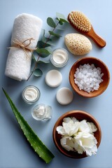 Spa essentials arranged on pastel blue background.  Natural skincare products, a towel, and fresh greenery