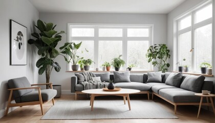 Fototapeta premium A modern living room interior boasts comfortable furniture, including a sofa and chairs, around a wood table, with luxury decor enhancing the home design