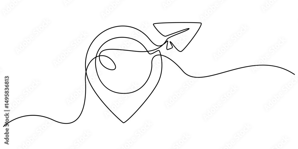 Poster continuous one line drawing pointing location at map and paper plane, paper plane line continuous dr
