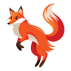 A vibrant red fox with a bushy tail is captured mid-jump against a white background.
