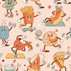 Seamless vector pattern with retro junk food characters. EPS 10 vector file. Perfect for textile, wallpaper or nursery print design.