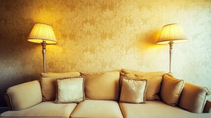 Elegant beige sofa illuminated by lamps against a patterned wall.