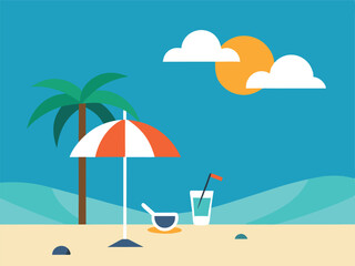 Relaxing Beach Scene with Palm Tree Umbrella Drink and Sunny Sky