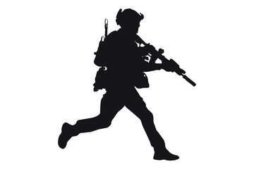 Silhouette of a soldier in tactical gear running with a rifle ready for action