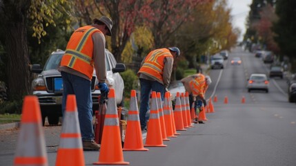Road crew in orange safety vests sets up traffic cones along a busy city street during the day