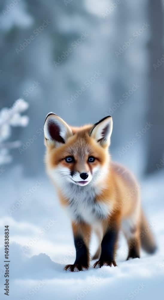 Aufkleber the image shows a red fox standing in the snow with a blurred background. the fox is surrounded by a