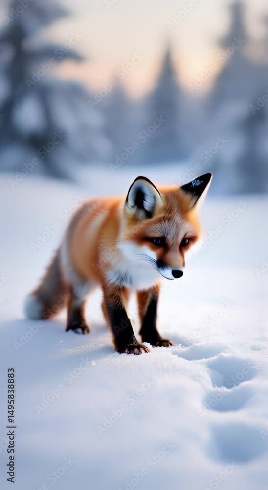 Aufkleber the image shows a red fox standing in the snow with trees in the background. the fox is surrounded b