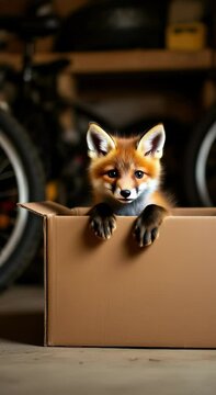 The image shows a cute little fox peeking out of a cardboard box