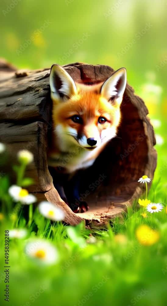 Poster the image shows a red fox peeking out of a hole in a tree trunk surrounded by grass and flowers. the
