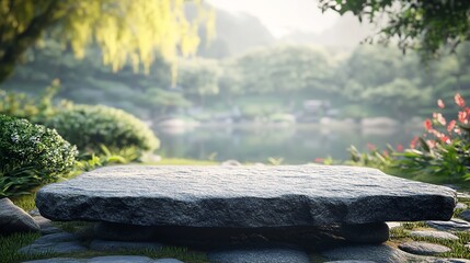 Flat stone podium on wooden surface with green forest sky background summer