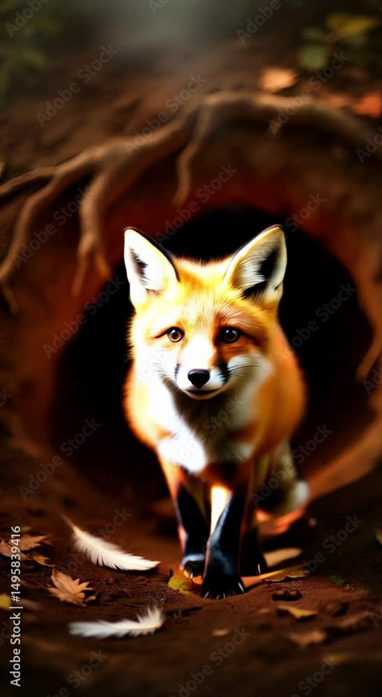 Poster the image shows a red fox standing in front of a hole in the ground